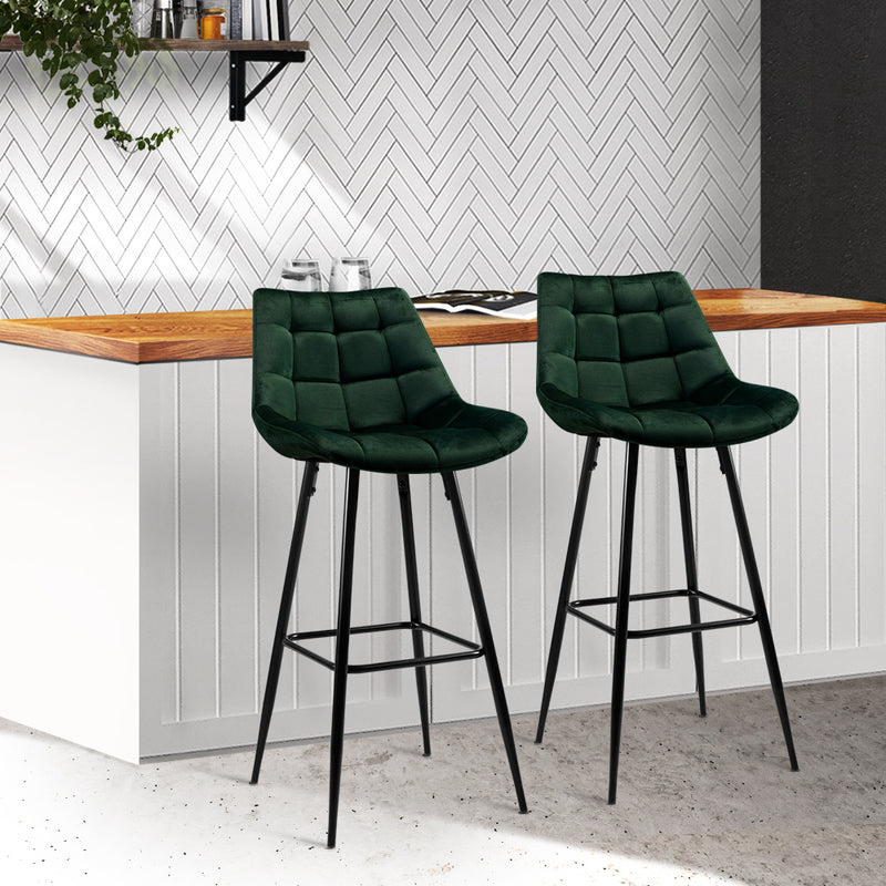2x Bar Stools Velvet Chairs Green