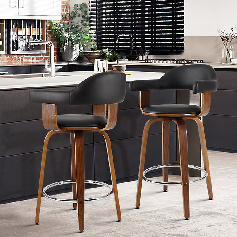 2x Bar Stools Leather Seat Wooden Legs