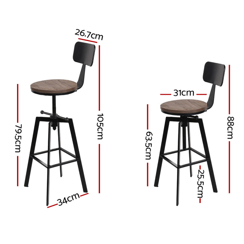 2x Bar Stools Adjustable Wood Stool w/Backrest