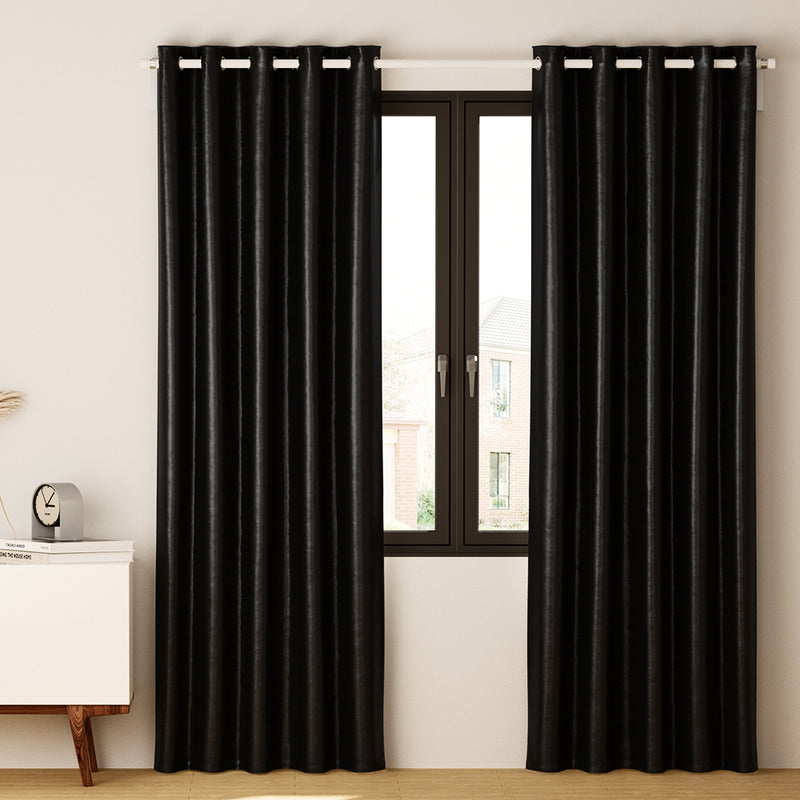 2X Blockout Curtains Blackout Window Curtain Eyelet 140x230cm Black Shine