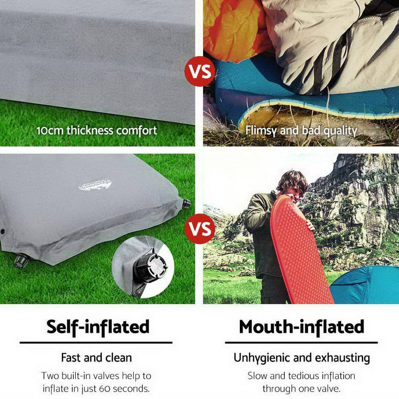 Self Inflating Camping Mattress - Double -  Grey - 10cm Thick