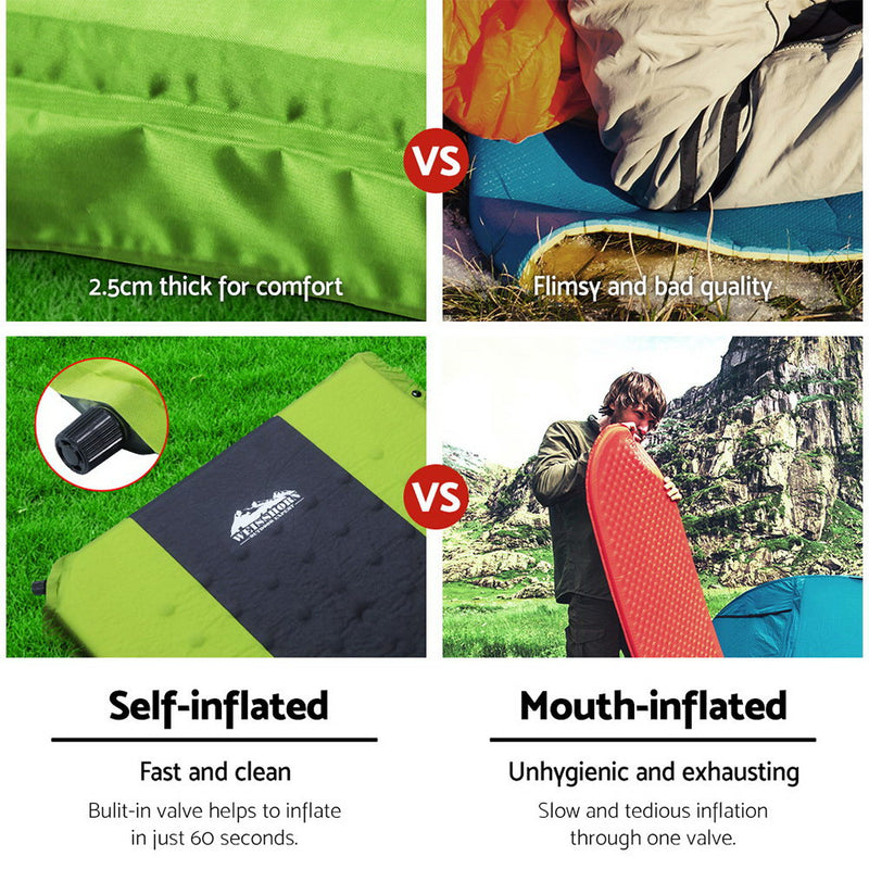 Self Inflating Camping Mattress - Single - Green - 2.5cm Thick