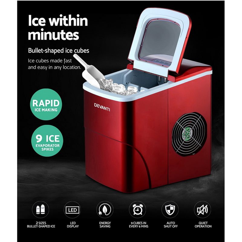 Portable Ice Cube Maker Machine 2L Home Bar Benchtop Easy Quick Red