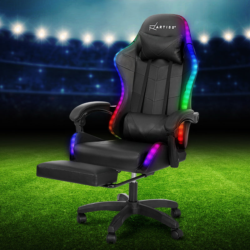 Artiss Massage Gaming Office Chair 7 LED Computer Chairs Leather Footrest Black