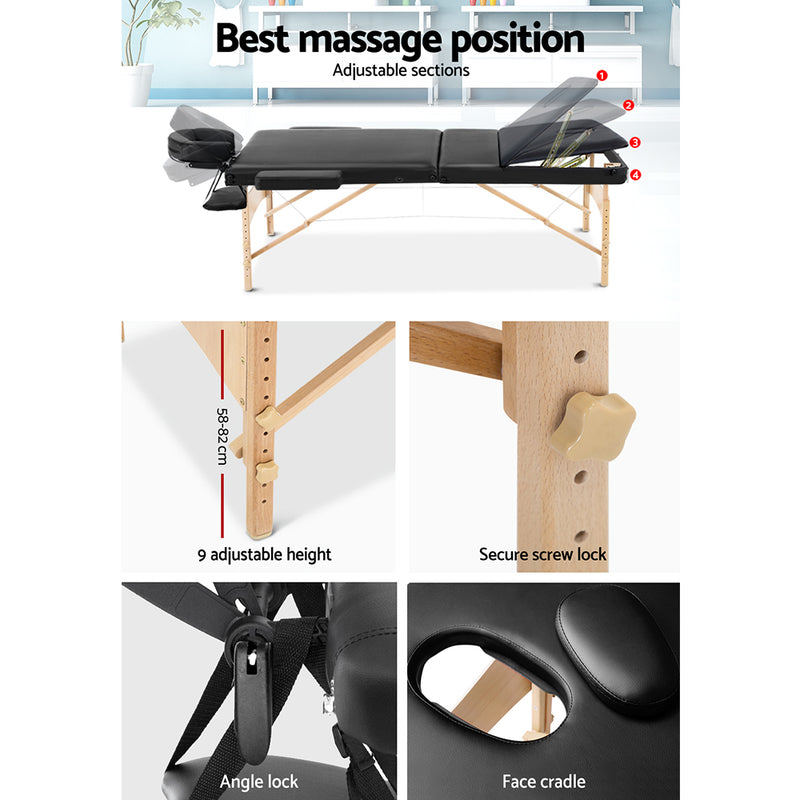 Zenses Massage Table 60cm 3 Fold Wooden Portable Beauty Therapy Bed Waxing Black