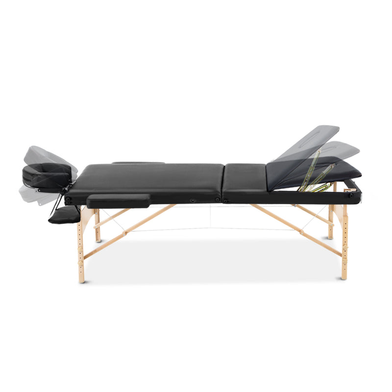 Zenses Massage Table 75cm 3 Fold Wooden Portable Beauty Therapy Bed Waxing Black
