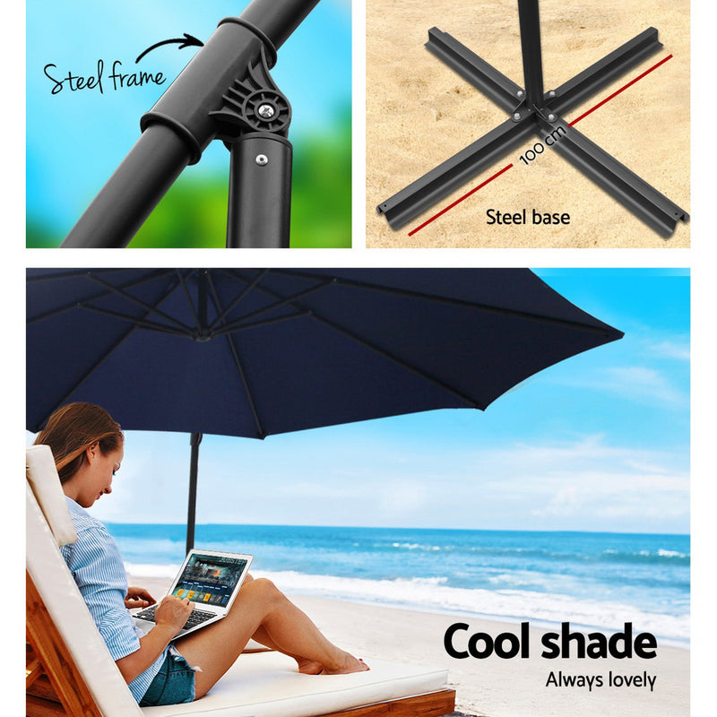 3M Umbrella with 48x48cm Base Outdoor Umbrellas Cantilever Sun Beach Garden Patio Navy