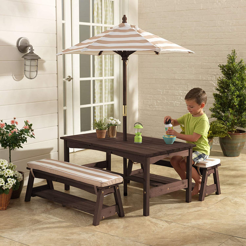 Outdoor Table & Bench Set with Cushions & Umbrella (Brown)