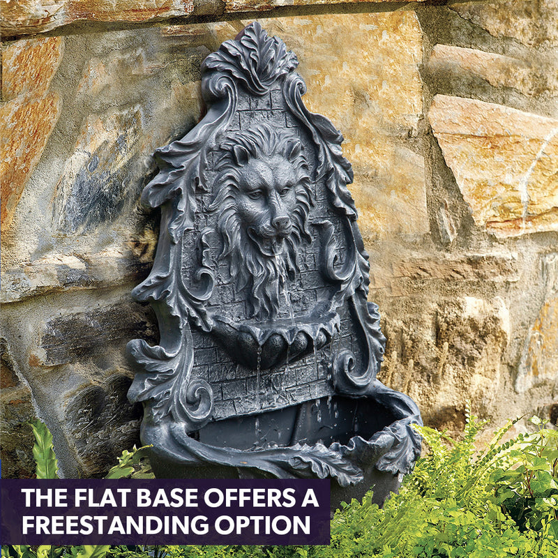 PROTEGE Lion Head Solar Powered Water Feature Fountain, Wall Mount or Freestanding with Lighting