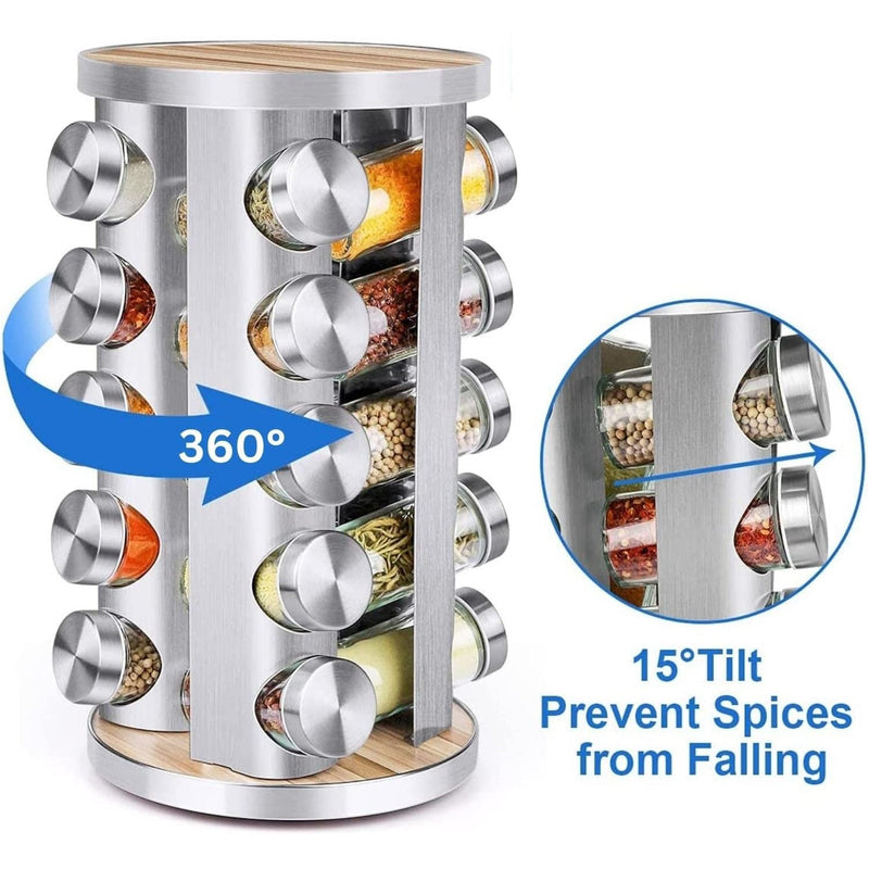 GOMINIMO Rotating Spice Rack Organizer (20 Jars) with Label Sticker and Silicone Funnel GO-RSR-104-ZK