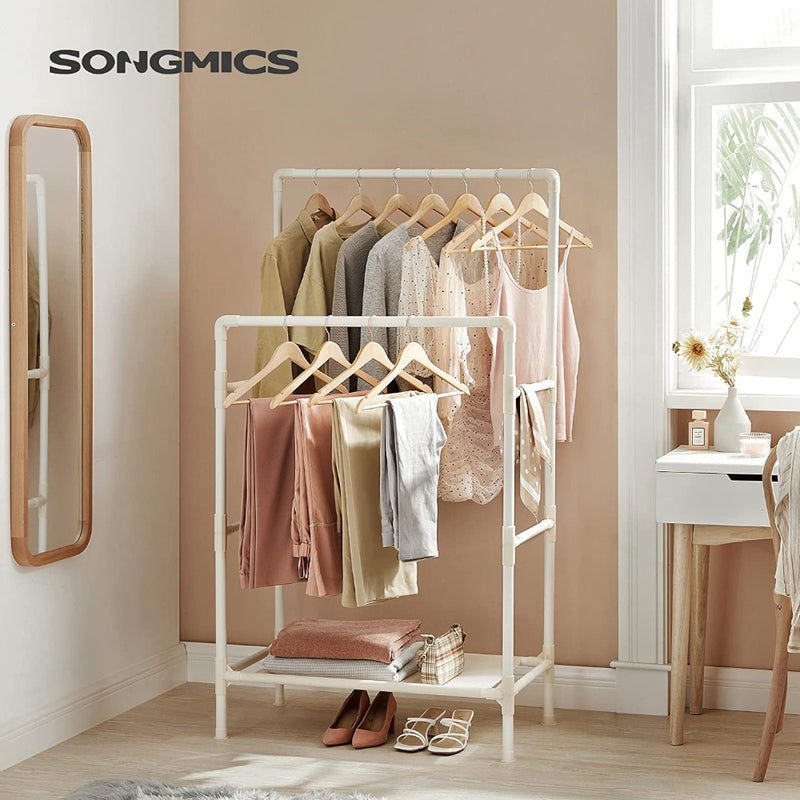 SONGMICS Metal Coat Rack with 2 Clothes Rails and Shelf RDR01WT