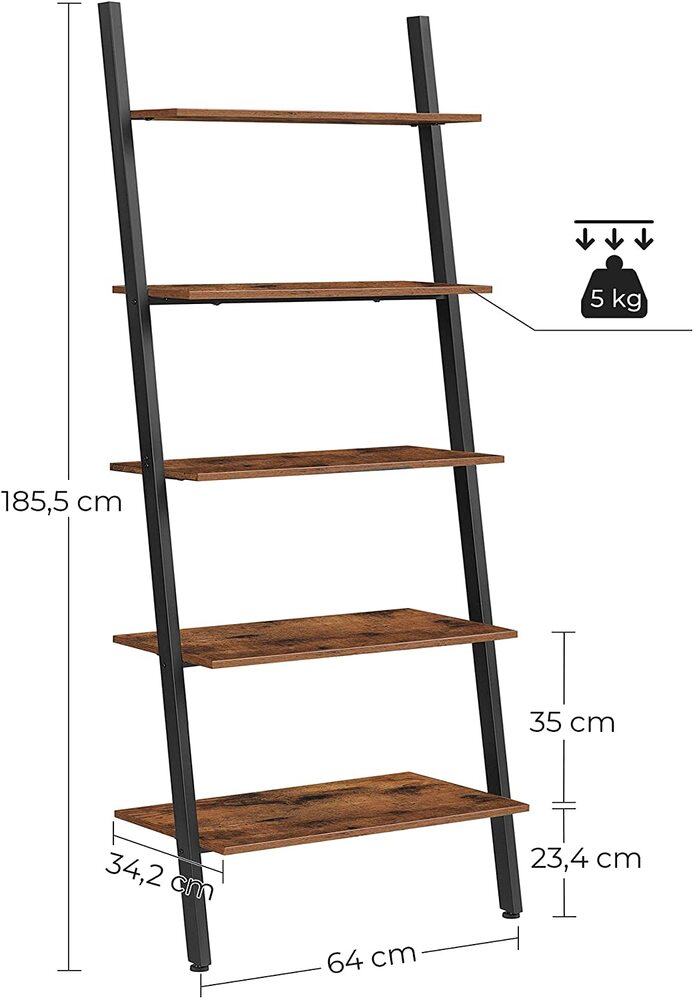 VASAGLE Industrial Ladder Shelf 5-Tier Bookshelf Rack Wall Shelf for Living Room Kitchen Office Stable Steel Leaning Against the Wall Rustic Brown and Black LLS46BX