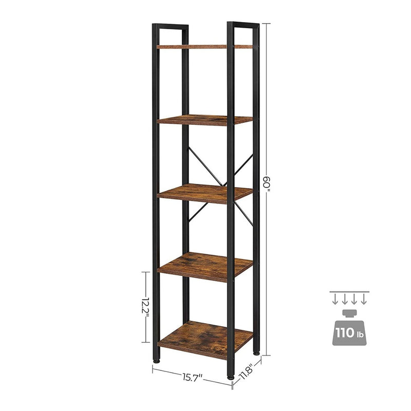 VASAGLE 5-Tier Bookshelf Storage Rack with Steel Frame for Living Room Office Study Hallway Industrial Style Rustic Brown and Black LLS100B01