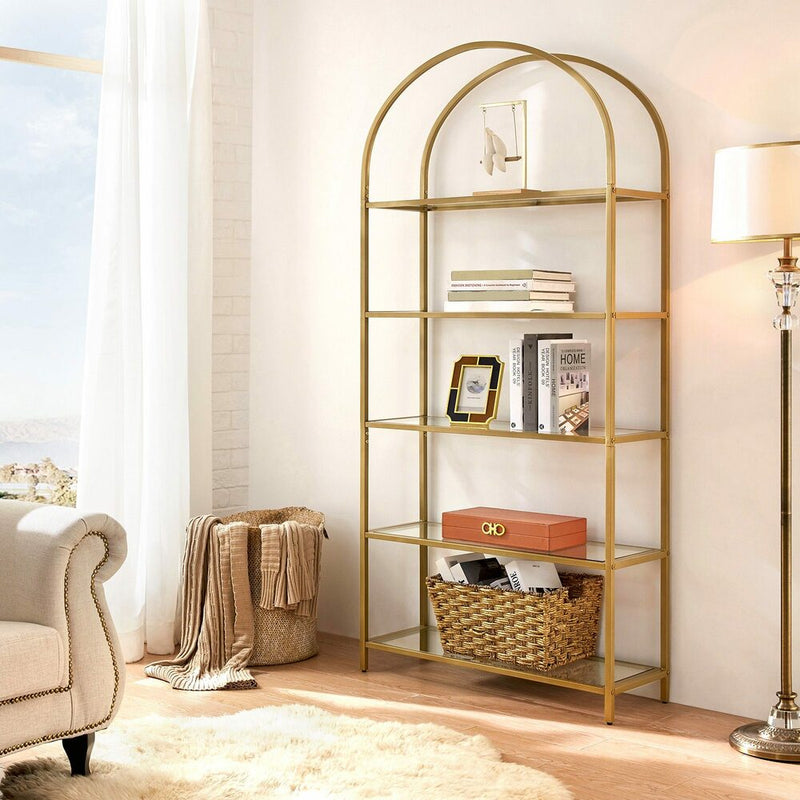VASAGLE Bookshelf 5 Tier Tempered Glass with Gold Metal Frame LGT050A01