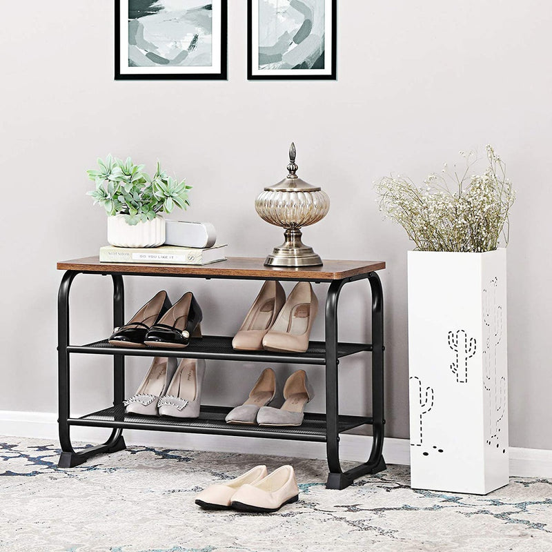 VASAGLE Shoe Bench with 2 Mesh Shelves Rounded Iron Frame Industrial Rustic Brown