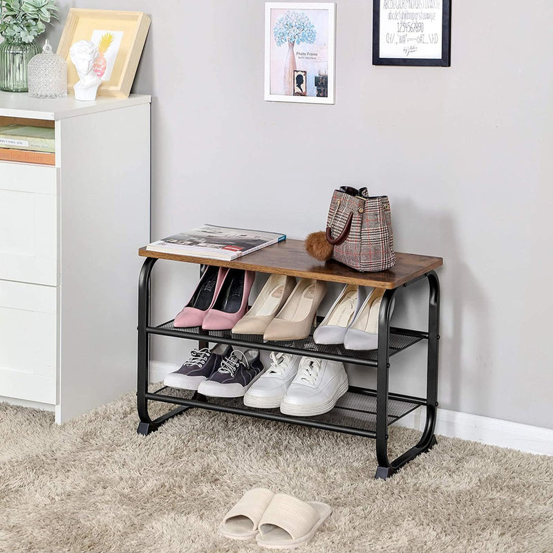 VASAGLE Shoe Bench with 2 Mesh Shelves Rounded Iron Frame Industrial Rustic Brown