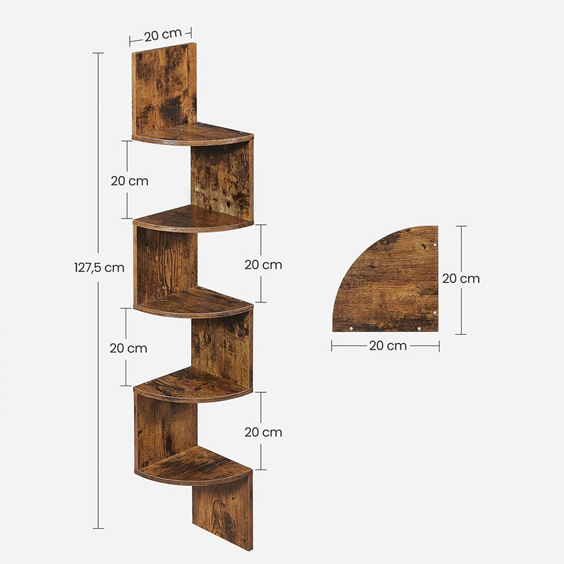 VASAGLE Corner Shelf 5-Tier Floating Wall Shelf With Zigzag Design Bookshelf Rustic Brown