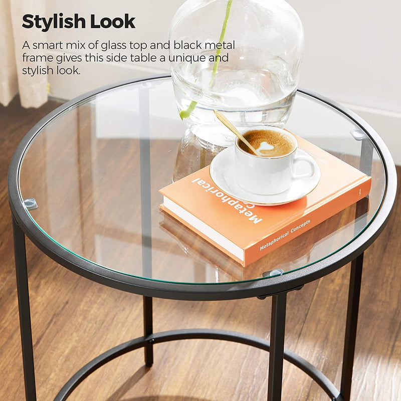 VASAGLE Round Side Glass Table with Metal Frame Modern Style Black
