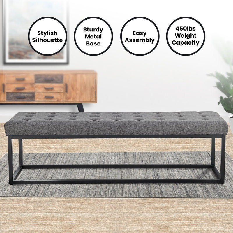 Sarantino Cameron Button-tufted Upholstered Bench With Metal Legs - Dark Grey Linen