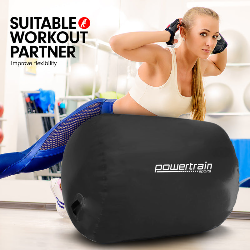 Powertrain Sports Inflatable Gymnastics Air Barrel Exercise Roller 120 x 75cm - Black