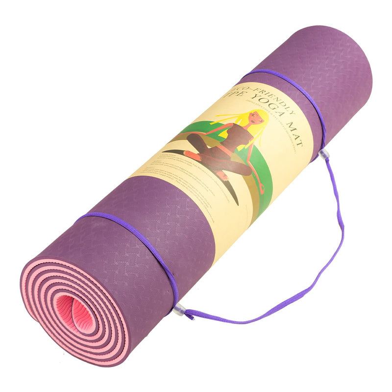 Powertrain Eco-friendly Dual Layer 8mm Yoga Mat | Purple | Non-slip Surface And Carry Strap For Ultimate Comfort And Portability