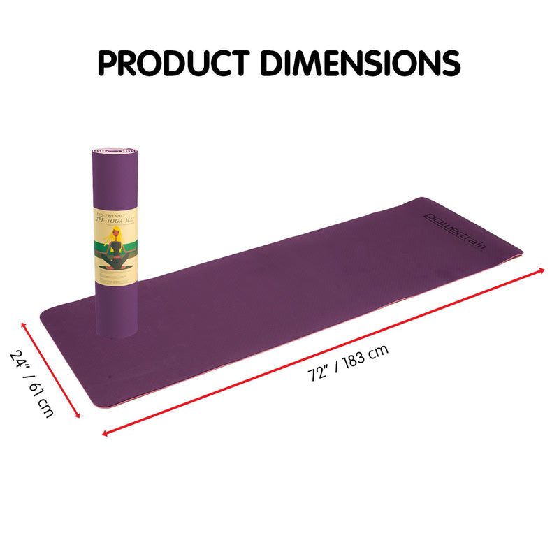 Powertrain Eco-friendly Dual Layer 8mm Yoga Mat | Purple | Non-slip Surface And Carry Strap For Ultimate Comfort And Portability