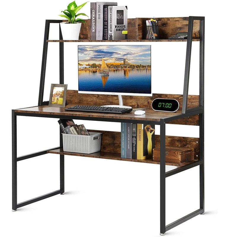 Computer Table Desk Book Storage Student Study Home Office Workstation with Bookshelf (Rustic Brown)