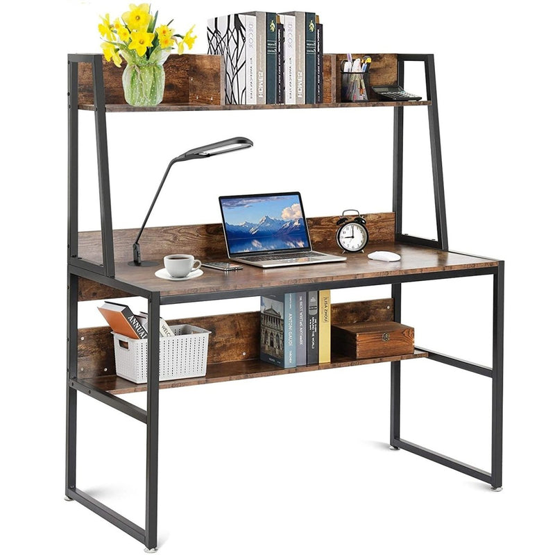 Computer Table Desk Book Storage Student Study Home Office Workstation with Bookshelf (Rustic Brown)