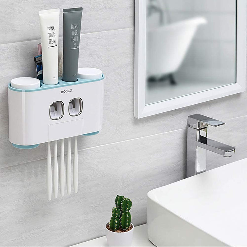 Ecoco Wall-Mounted Toothbrush Holder with 2 Toothpaste Dispensers 4 Cups and 5 Toothbrush Slots Toiletries Bathroom Storage Rack (Grey)