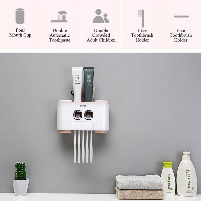 Ecoco Wall-Mounted Toothbrush Holder with 2 Toothpaste Dispensers 4 Cups and 5 Toothbrush Slots Toiletries Bathroom Storage Rack (Pink)