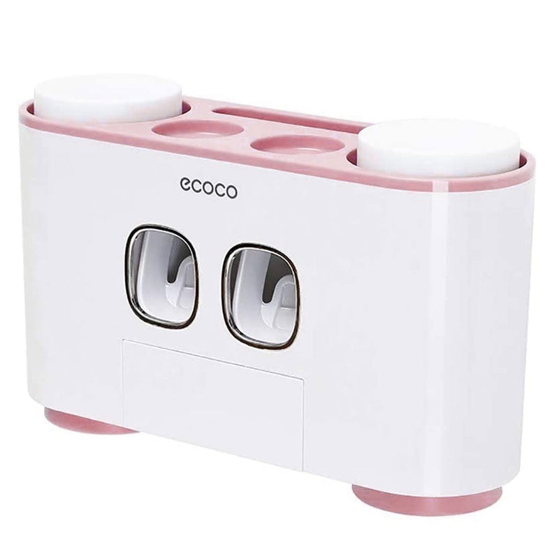 Ecoco Wall-Mounted Toothbrush Holder with 2 Toothpaste Dispensers 4 Cups and 5 Toothbrush Slots Toiletries Bathroom Storage Rack (Pink)
