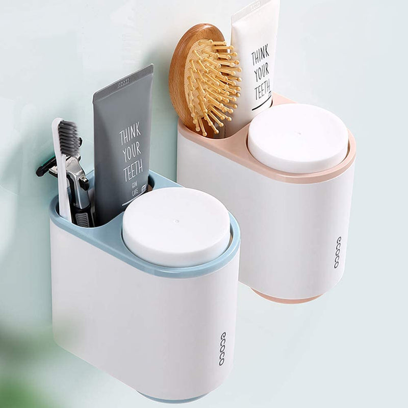 Ecoco Toothbrush Holder Multifunctional Wall-Mounted Magnetic Bathroom Blue Organizer Wall- Storage 2 Cups for Two People (Blue)