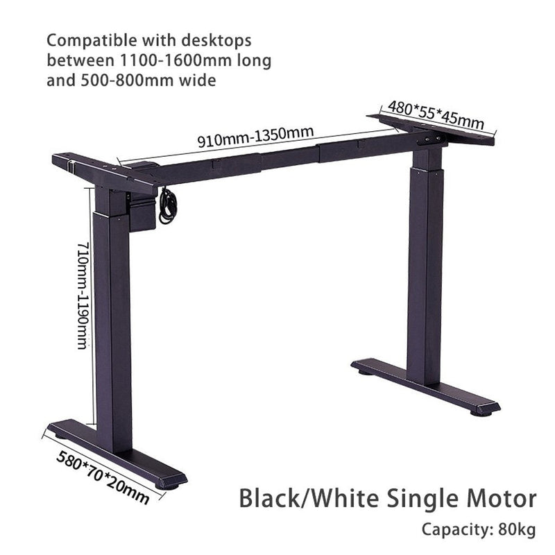 140cm Standing Desk Height Adjustable Sit Stand Motorised Black Single Motor Frame Black Top