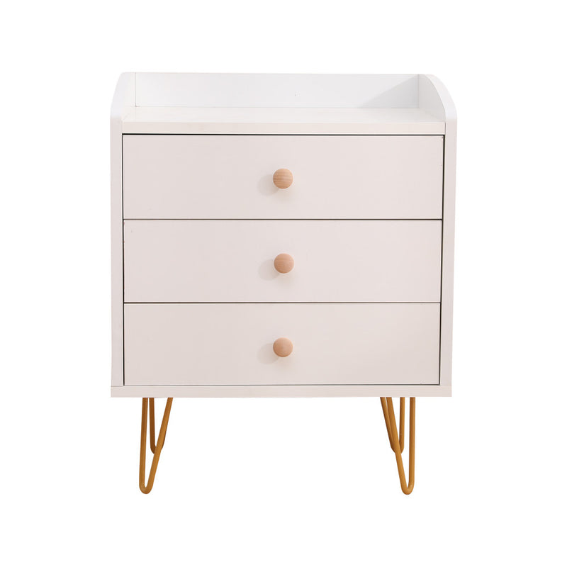 Winston 3-Drawer Nightstand Bedside Table with Gold Steel Legs Tray Top White