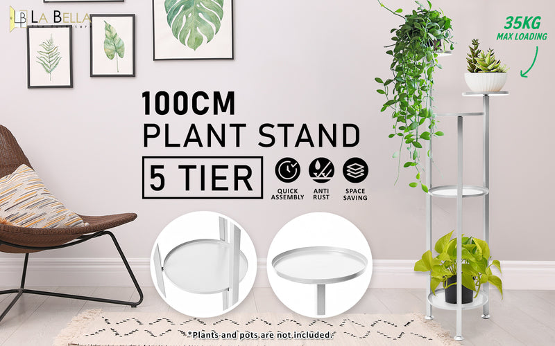 La Bella 100cm White Plant Stand Planter Shelf Rack 5 Tier Steel