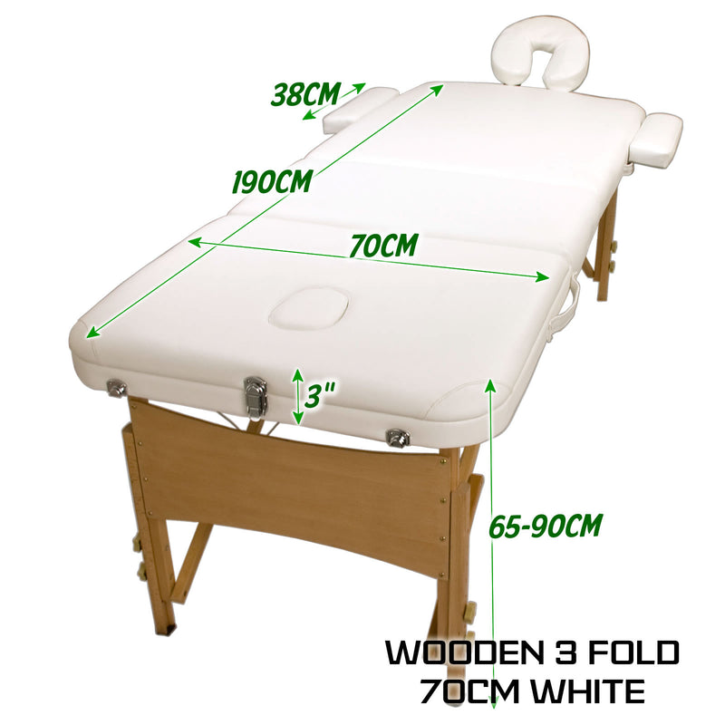 Forever Beauty White Portable Beauty Massage Table Bed 3 Fold 70cm Wooden