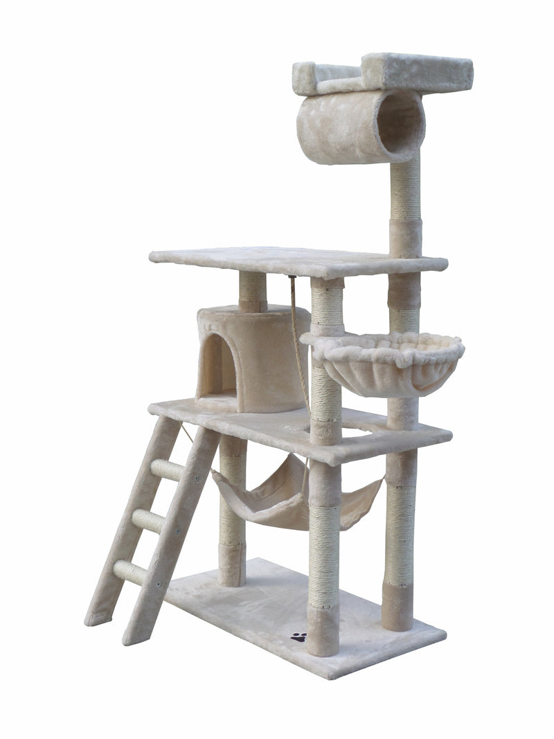 YES4PETS 140 cm Cat Scratching Post Tree W ladder & Hammock-Beige