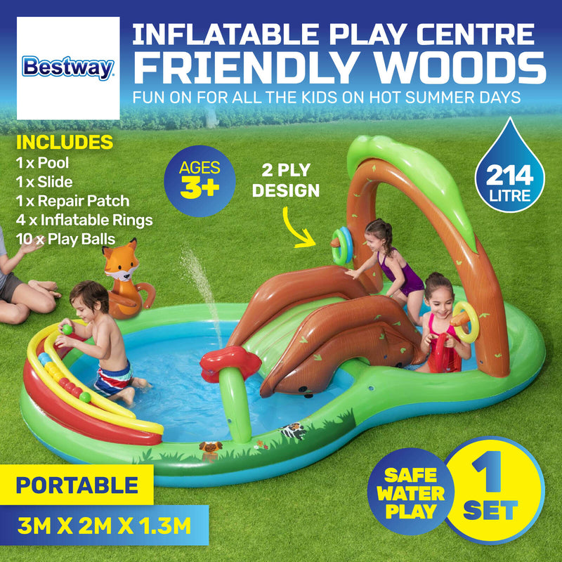 Bestway 3m x 1.3m Inflatable Friendly Woods Water Fun Park Pool & Slide 214L