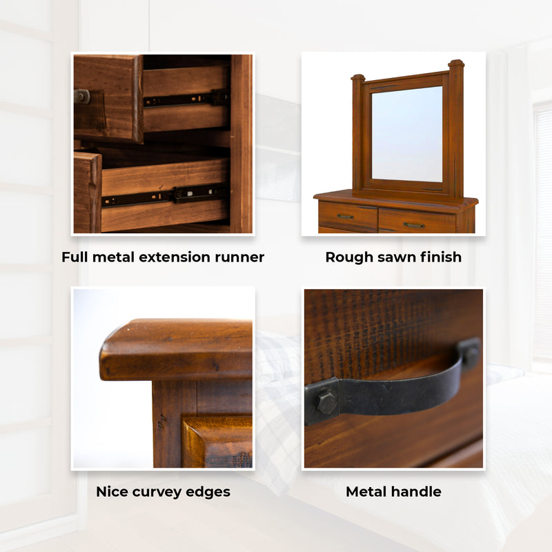 Umber Dresser Mirror 7 Chest of Drawers Solid Wood Storage Cabinet - Dark Brown