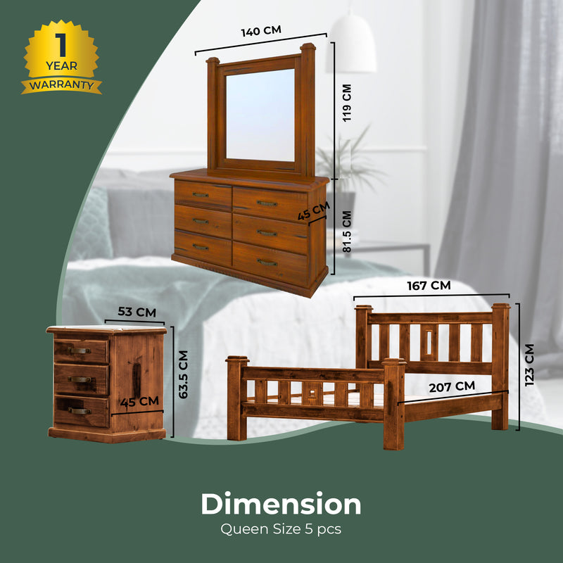 Umber 4pc Queen Bed Frame Suite Bedside Dresser Furniture Package - Dark Brown