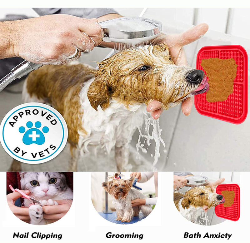Pawfriends 4in1 Silicone Pet Lick Mat Cat Puppy Dog Slow Feeder Grooming Helper Mat Red