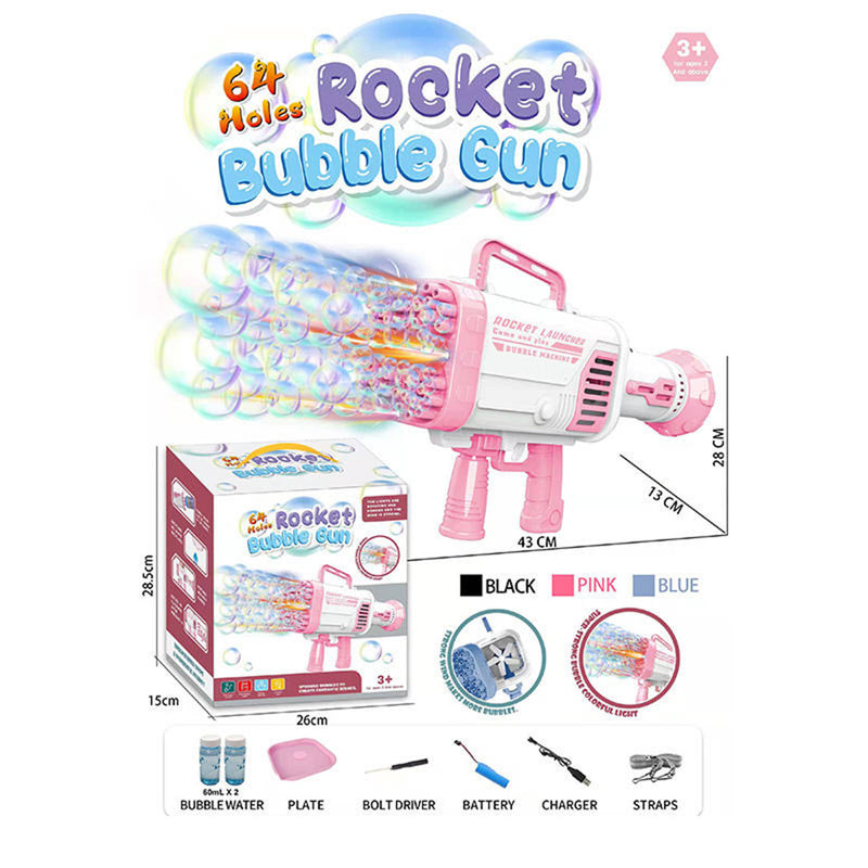 Bubblerainbow 64 Hole Electric Bubble Machine Hand-Held Rocket Gatling Bubble Gun Toy Blue