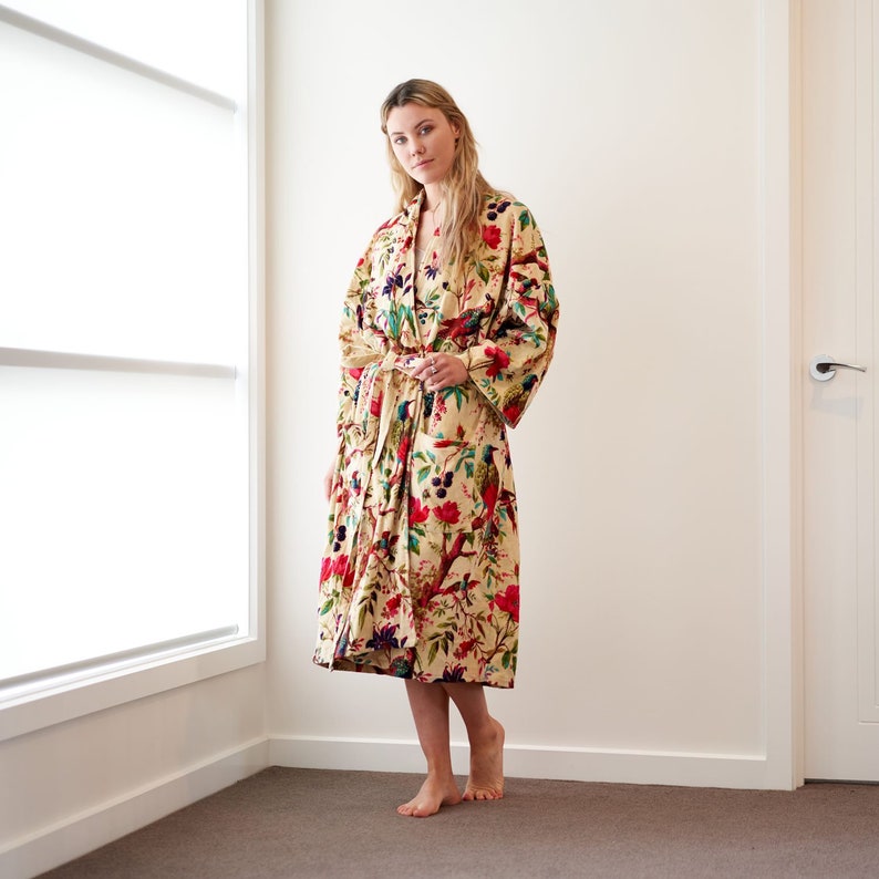 Linen Connections Frida Floral Cotton Velvet Kimono Bathrobe Gift for her, Bridal Robes CK89
