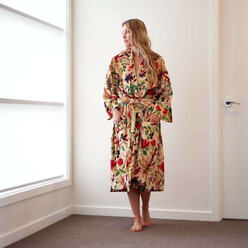 Linen Connections Frida Floral Cotton Velvet Kimono Bathrobe Gift for her, Bridal Robes CK89