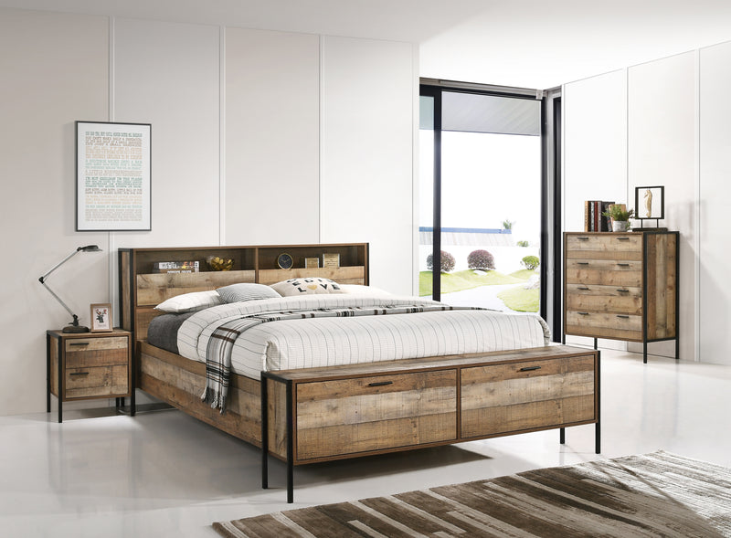4 Pieces Storage Bedroom Suite with Particle Board Contraction and Metal Legs Queen Size Oak Colour Bed, Bedside Table & Tallboy