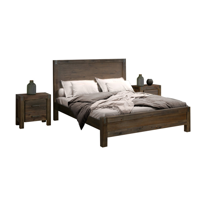 3 Pieces Bedroom Suite in Solid Wood Veneered Acacia Construction Timber Slat Queen Size Chocolate Colour Bed, Bedside Table