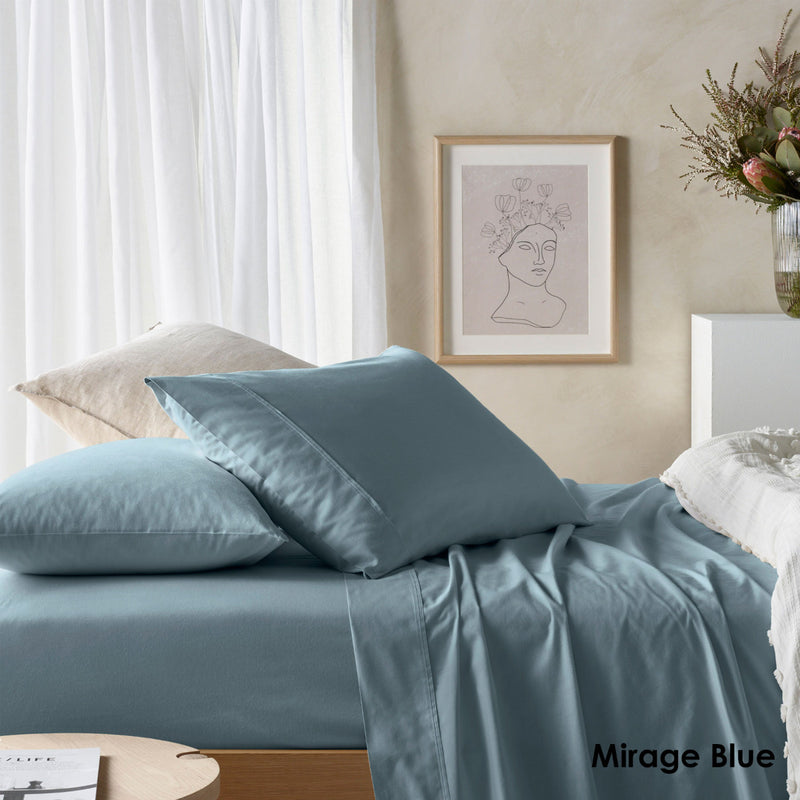 Vintage Design Homewares 225TC Cotton Eucalyptus Sheet Sets Mirage Blue King