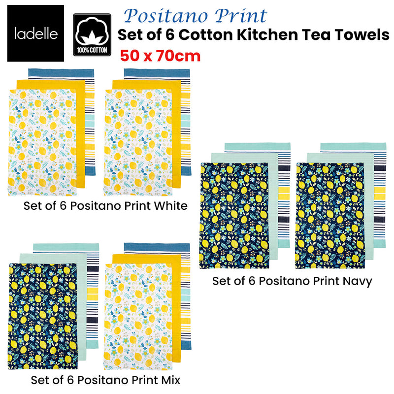 Ladelle Set of 6 Positano Cotton Kitchen Tea Towels 50 x 70 cm Navy