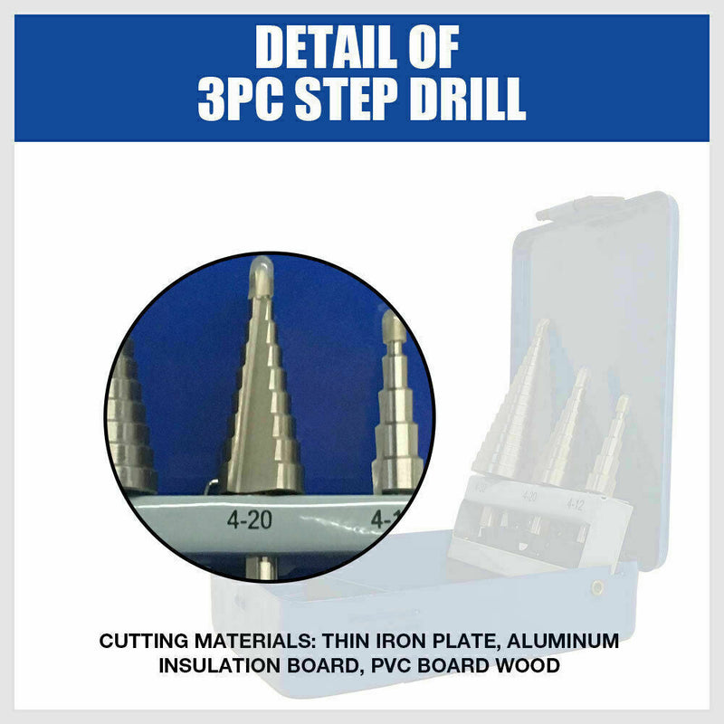 3Pc Step Cone Drill HSS Steel Titanium Bits Set Hole Cutting + Case 4-12/20/32mm