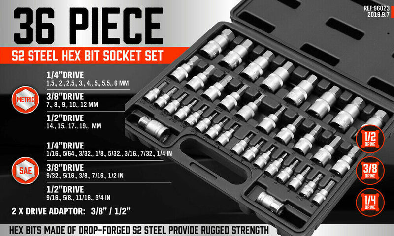 36-Piece Hex Bit Socket Set, SAE and Metric Sizes, S2 Steel Hex Bits, Chrome Vanadium Steel Sockets and Adapters with Storage Case